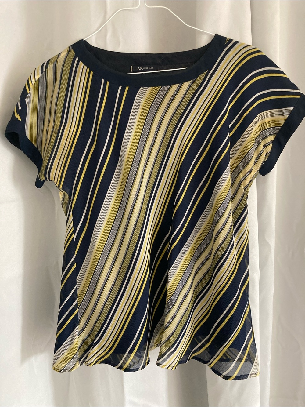 Anne Klein 100% Silk Navy and Yellow Striped Short Sleeve Top